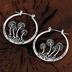 Psychedelic, Hippie, Goth Silver-tone Hoop Earrings with Mushrooms